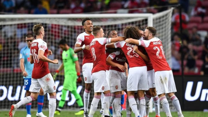 SINGAPORE - JULY 26: Arsenal players celebrate during the International Champions Cup 2018 match between Club Atletico de Madrid and Arsenal at the National Stadium on July 26, 2018 in Singapore. (Photo by Thananuwat Srirasant/Getty Images for ICC)