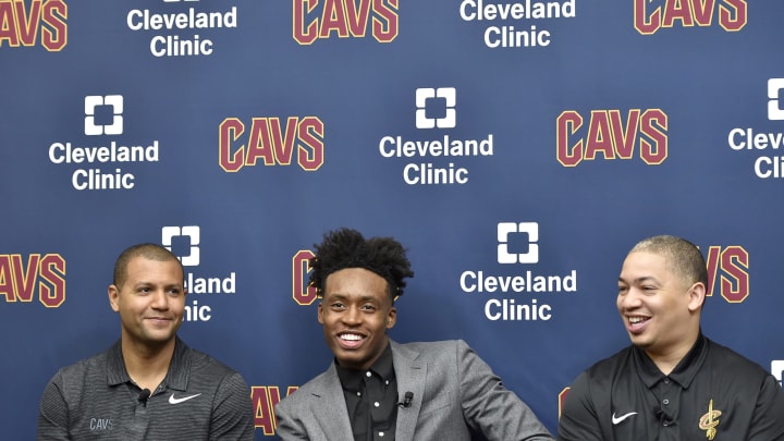 INDEPENDENCE, OH – JUNE 22: General manager Koby Altman and head coach Tyronn Lue of the Cleveland Cavaliers introduce Collin Sexton during a press conference on June 22, 2018 at the Cleveland Clinic Courts in Independence, Ohio. NOTE TO USER: User expressly acknowledges and agrees that, by downloading and/or using this photograph, user is consenting to the terms and conditions of the Getty Images License Agreement. Mandatory Copyright Notice: Copyright 2018 NBAE (Photo by David Liam Kyle/NBAE via Getty Images)