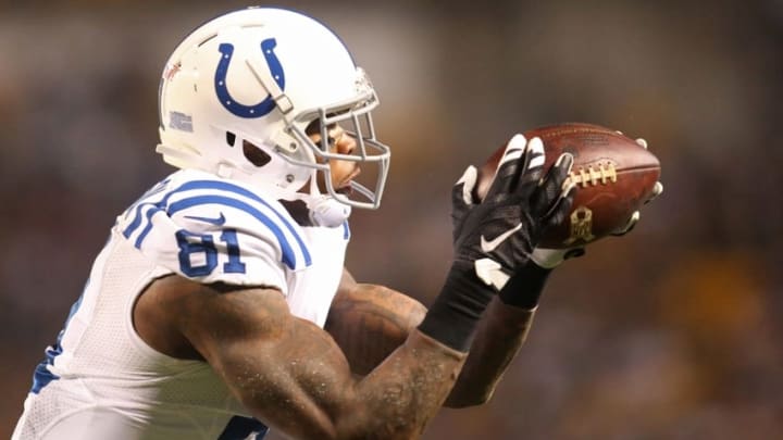 Dec 6, 2015; Pittsburgh, PA, USA; Indianapolis Colts wide receiver Andre Johnson (81) makes a catch against the Pittsburgh Steelers during the second quarter at Heinz Field. Mandatory Credit: Charles LeClaire-USA TODAY Sports