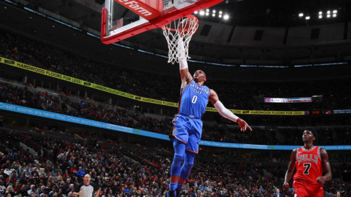 CHICAGO, IL – OCTOBER 28: Russell Westbrook #0 of the Oklahoma City Thunder shoots the ball against the Chicago Bulls on October 28, 2017 at the United Center in Chicago, Illinois. NOTE TO USER: User expressly acknowledges and agrees that, by downloading and or using this Photograph, user is consenting to the terms and conditions of the Getty Images License Agreement. Mandatory Copyright Notice: Copyright 2017 NBAE (Photo by Jeff Haynes/NBAE via Getty Images)