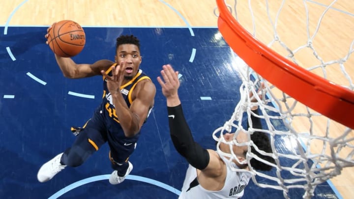MEMPHIS, TN - FEBRUARY 7: Donovan Mitchell #45 of the Utah Jazz shoots the ball during the game against the Memphis Grizzlies on February 7, 2018 at FedExForum in Memphis, Tennessee. Copyright 2018 NBAE (Photo by Joe Murphy/NBAE via Getty Images)