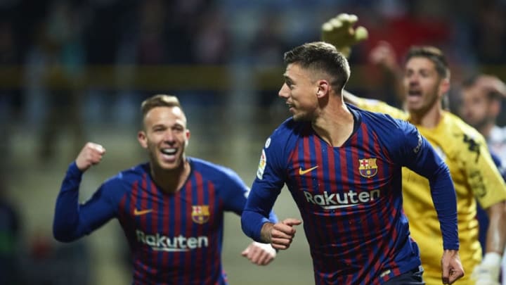 LEON, SPAIN - OCTOBER 31: Clement Lenglet of FC Barcelona celebrates after scoring the opening goal during the Spanish Copa del Rey match between Cultura Leonesa and FC Barcelona at Estadio Reino de Leon on October 31, 2018 in Leon, Spain. (Photo by Juan Manuel Serrano Arce/Getty Images)