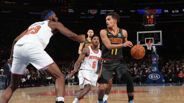 NEW YORK, NY - December 17: Trae Young #11 of the Atlanta Hawks handles the ball against the New York Knicks on December 17, 2019 at Madison Square Garden in New York City, New York. NOTE TO USER: User expressly acknowledges and agrees that, by downloading and or using this photograph, User is consenting to the terms and conditions of the Getty Images License Agreement. Mandatory Copyright Notice: Copyright 2019 NBAE (Photo by Nathaniel S. Butler/NBAE via Getty Images)
