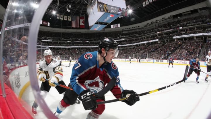 DENVER, CO - FEBRUARY 18: Ryan Graves #27 of the Colorado Avalanche skates ahead of Paul Stastny #26 of the Vegas Golden Knights at the Pepsi Center on February 18, 2019 in Denver, Colorado. (Photo by Michael Martin/NHLI via Getty Images)