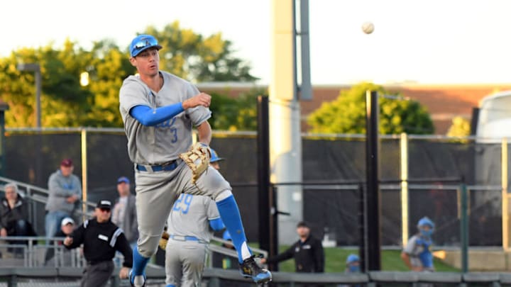 MINNEAPOLIS, MN - JUNE 03: UCLA infielder Ryan Kreidler (3) throws to 1st for a force out during game 6 of the Minneapolis Regional collegiate baseball tournament between Minnesota and UCLA on June 3, 2018 at Siebert Field in Minneapolis, MN. Minnesota defeated UCLA 13-8 to win the Minneapolis Regional Tournament.(Photo by Nick Wosika/Icon Sportswire via Getty Images)