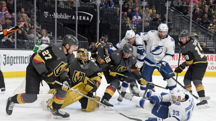 Shea Theodore #27 of the Vegas Golden Knights clears the puck. (Photo by Ethan Miller/Getty Images)