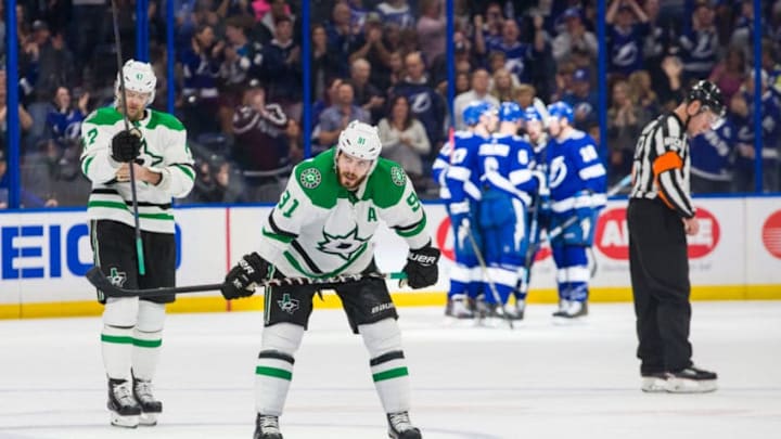 TAMPA, FL - FEBRUARY 14: The Tampa Bay Lightning celebrate a goal against Tyler Seguin #91 of the Dallas Stars in the second period at Amalie Arena on February 14, 2019 in Tampa, Florida. (Photo by Scott Audette/NHLI via Getty Images)