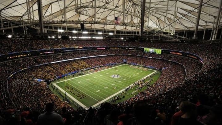 Dec 7, 2013; Atlanta, GA, USA; General view of the field during the first quarter of the 2013 SEC Championship game between the Auburn Tigers and the Missouri Tigers at Georgia Dome. Mandatory Credit: Kevin Liles-USA TODAY Sports