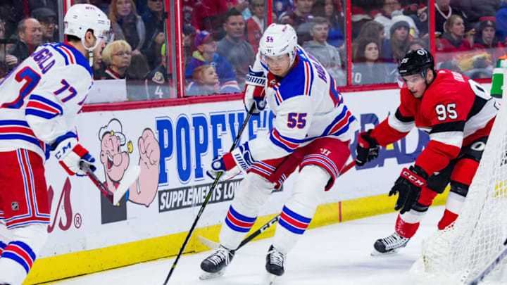 OTTAWA, ON - FEBRUARY 17: New York Rangers Defenceman Nick Holden (55) skates the puck around the net during first period National Hockey League action between the New York Rangers and Ottawa Senators on February 17, 2018, at Canadian Tire Centre in Ottawa, ON, Canada. (Photo by Richard A. Whittaker/Icon Sportswire via Getty Images)