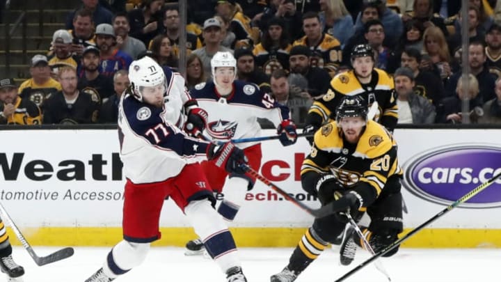 BOSTON, MA - APRIL 25: Columbus Blue Jackets right wing Josh Anderson (77) shoots during Game 1 of the Second Round 2019 Stanley Cup Playoffs between the Boston Bruins and the Columbus Blue Jackets on April 25, 2019, at TD Garden in Boston, Massachusetts. (Photo by Fred Kfoury III/Icon Sportswire via Getty Images)