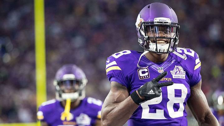 Sep 18, 2016; Minneapolis, MN, USA; Minnesota Vikings running back Adrian Peterson (28) poses for a photo against the Green Bay Packers at U.S. Bank Stadium. The Vikings defeated the Packers 17-14. Mandatory Credit: Brace Hemmelgarn-USA TODAY Sports Sep 18, 2016; Minneapolis, MN, USA; Minnesota Vikings running back Adrian Peterson (28) poses for a photo against the Green Bay Packers at U.S. Bank Stadium. The Vikings defeated the Packers 17-14. Mandatory Credit: Brace Hemmelgarn-USA TODAY Sports