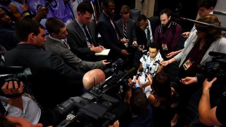 Apr 4, 2016; Houston, TX, USA; North Carolina Tar Heels guard Marcus Paige (5) is interviewed in the locker room after losing to the Villanova Wildcats in the championship game of the 2016 NCAA Men