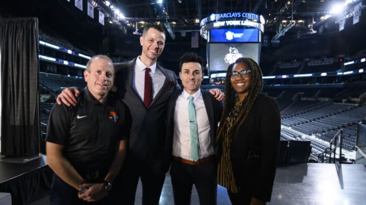 BROOKLYN, NY - JANUARY 8: Oliver Weisberg, New York Liberty Head Coach Walt Hopkins, Jonathan Kolb, and, Keia Clarke of the New York Liberty pose for a photo during the New York Liberty press conference to announce new head coach on January 8, 2020 at Barclays Center in Brooklyn, New York. NOTE TO USER: User expressly acknowledges and agrees that, by downloading and or using this photograph, User is consenting to the terms and conditions of the Getty Images License Agreement. Mandatory Copyright Notice: Copyright 2020 WNBA (Photo by Mike Lawrence/WNBA via Getty Images)