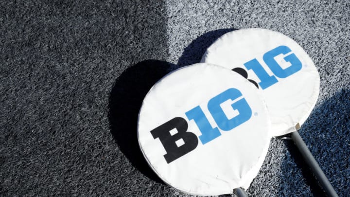 COLLEGE PARK, MD - NOVEMBER 02: Yard markers with the Big Ten conference logo are seen on the ground during a game between the Michigan Wolverines and Maryland Terrapins at Capital One Field at Maryland Stadium on November 2, 2019 in College Park, Maryland. Michigan defeated Maryland 38-7. (Photo by Joe Robbins/Getty Images)