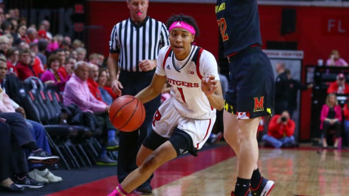 PISCATAWAY, NJ – FEBRUARY 10: Rutgers Scarlet Knights guard Zipporah Broughton (1) during the Womens College Basketball game between the Rutgers Scarlet Knights and the Maryland Terrapins on February 10, 2019 at the Louis Brown Athletic Center in Piscataway, NJ. (Photo by Rich Graessle/Icon Sportswire via Getty Images)