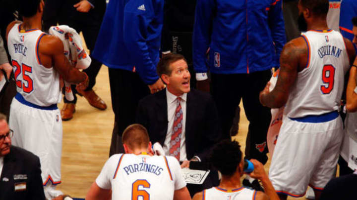 NEW YORK, NY – NOVEMBER 22: (NEW YORK DAILIES OUT) Head coach Jeff Hornacek of the New York Knicks in action against the Portland Trail Blazers at Madison Square Garden on November 22, 2016 in New York City. The Knicks defeated the Trail Blazers 107-103. NOTE TO USER: User expressly acknowledges and agrees that, by downloading and/or using this Photograph, user is consenting to the terms and conditions of the Getty Images License Agreement. (Photo by Jim McIsaac/Getty Images)