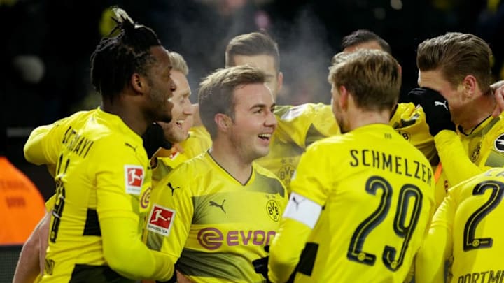 DORTMUND, GERMANY - FEBRUARY 26: Marco Reus of Borussia Dortmund celebrates 1-0 with Michy Batshuayi of Borussia Dortmund, Marco Reus of Borussia Dortmund, Mario Gotze of Borussia Dortmund, Marcel Schmelzer of Borussia Dortmund, Gonzalo Castro of Borussia Dortmund during the German Bundesliga match between Borussia Dortmund v FC Augsburg at the Signal Iduna Park on February 26, 2018 in Dortmund Germany (Photo by Peter Lous/Soccrates/Getty Images)
