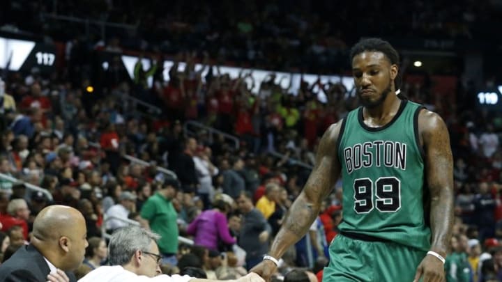 Apr 9, 2016; Atlanta, GA, USA; Boston Celtics forward Jae Crowder (99) walks to the bench in the fourth quarter of their game against the Atlanta Hawks at Philips Arena. The Hawks won 118-107. Mandatory Credit: Jason Getz-USA TODAY Sports