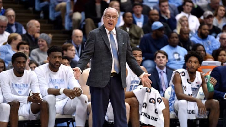 CHAPEL HILL, NORTH CAROLINA - DECEMBER 05: Head coach Roy Williams of the North Carolina Tar Heels reacts during the first half of their game against the North Carolina-Wilmington Seahawks at the Dean Smith Center on December 05, 2018 in Chapel Hill, North Carolina. (Photo by Grant Halverson/Getty Images)