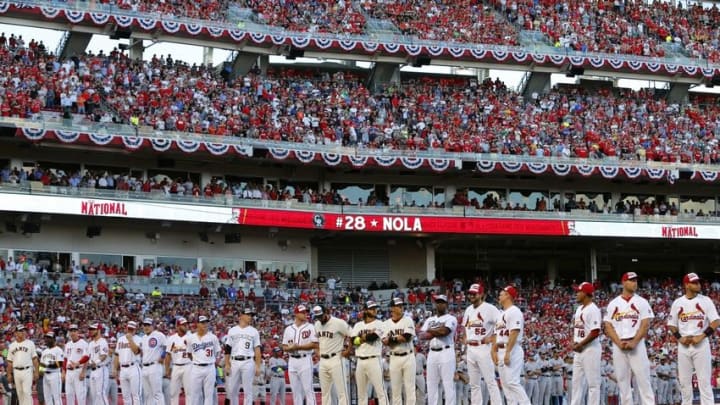 Jul 14, 2015; Cincinnati, OH, USA; The National League team stands for introductions prior to the 2015 MLB All Star Game against the American League at Great American Ball Park. Mandatory Credit: Rick Osentoski-USA TODAY Sports