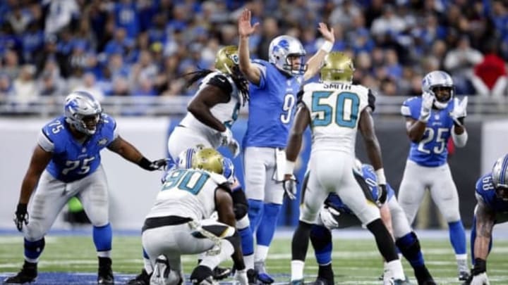 Nov 20, 2016; Detroit, MI, USA; Detroit Lions quarterback Matthew Stafford (9) draws an offside call during the fourth quarter against the Jacksonville Jaguars at Ford Field. Lions won 26-19. Mandatory Credit: Raj Mehta-USA TODAY Sports