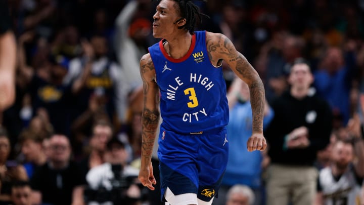 Denver Nuggets guard Bones Hyland (3) reacts after a basket in the third quarter against the Golden State Warriors during game three of the first round of the 2022 NBA playoffs at Ball Arena on 21 Apr. 2022. (Isaiah J. Downing-USA TODAY Sports)