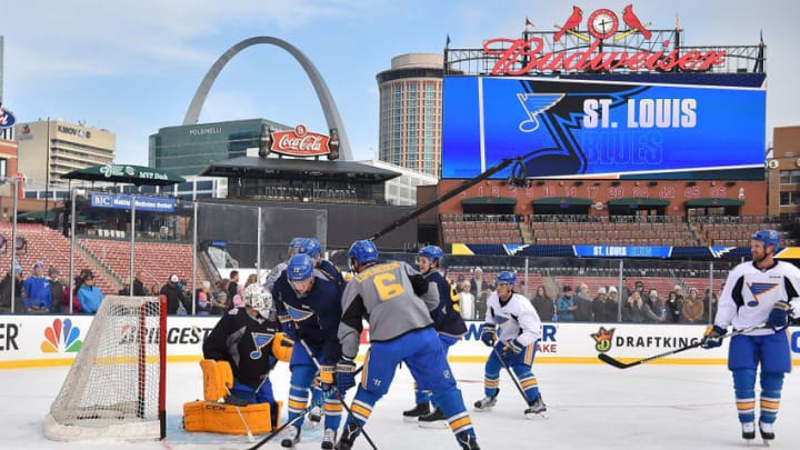 Jan 1, 2017; St. Louis, MO, USA; St. Louis Blues players during practice for the Winter Classic hockey game at Busch Stadium. Mandatory Credit: Jasen Vinlove-USA TODAY Sports