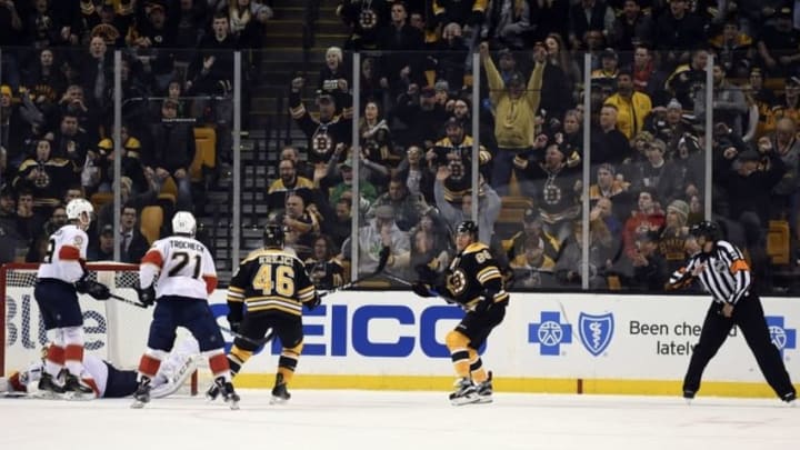 Dec 5, 2016; Boston, MA, USA; Boston Bruins right wing David Pastrnak (88) scores the winning goal during overtime against the Florida Panthers at TD Garden. Mandatory Credit: Bob DeChiara-USA TODAY Sports