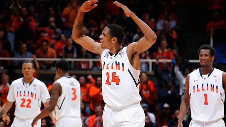 CHAMPAIGN, IL – FEBRUARY 13: Mike Davis #24 of the Illinois Fighting Illini tries to fire up the crowd against the Purdue Boilermakers at Assembly Hall on February 13, 2011 in Champaign, Illinois. Purdue defeated Illinois 81-70. (Photo by Joe Robbins/Getty Images)