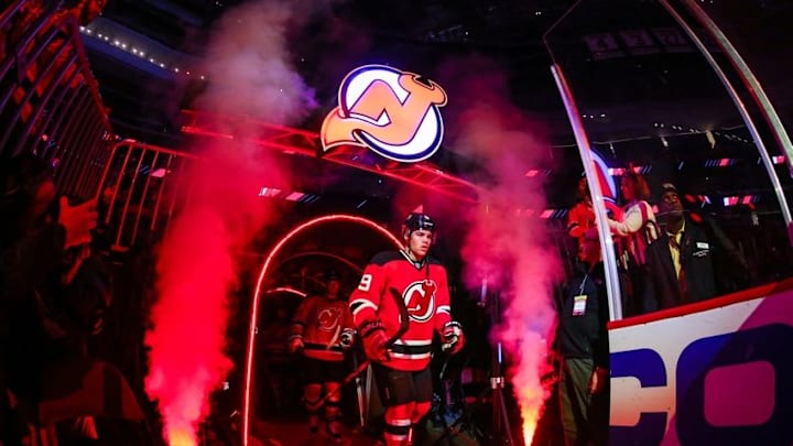 Oct 25, 2016; Newark, NJ, USA; New Jersey Devils left wing Taylor Hall (9) walks to the ice before a game against the Arizona Coyotes at Prudential Center. Mandatory Credit: Ed Mulholland-USA TODAY Sports