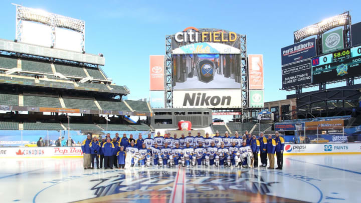 NEW YORK, NY - DECEMBER 31: Buffalo Sabres players and staff pose for a team photo during Practice Day for the 2018 Bridgestone NHL Winter Classic at Citi Field on December 31, 2017 in New York, New York. (Photo by Bill Wippert/NHLI via Getty Images)