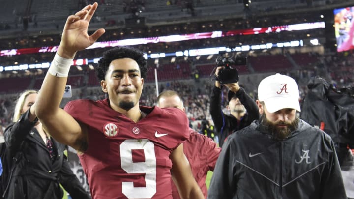 Nov 26, 2022; Tuscaloosa, Alabama, USA; Alabama Crimson Tide quarterback Bryce Young (9) waves to fans as he leaves the field after defeating the Auburn Tigers at Bryant-Denny Stadium. Alabama won 49-27. Mandatory Credit: Gary Cosby Jr.-USA TODAY Sports