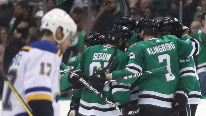 DALLAS, TEXAS - MAY 01: The Dallas Stars celebrate a goal against the St. Louis Blues during the second period of Game Four of the Western Conference Second Round of the 2019 NHL Stanley Cup Playoffs at American Airlines Center on May 1, 2019 in Dallas, Texas. (Photo by Ronald Martinez/Getty Images)