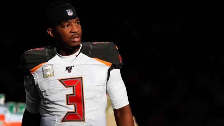 ATLANTA, GA - NOVEMBER 24: Jameis Winston #3 of the Tampa Bay Buccaneers looks on from the sideline during a game against the Atlanta Falcons at Mercedes-Benz Stadium on November 24, 2019 in Atlanta, Georgia. (Photo by Carmen Mandato/Getty Images)