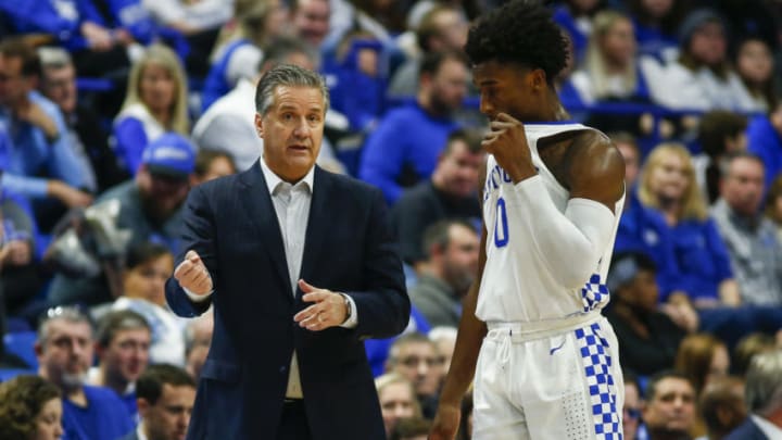 LEXINGTON, KENTUCKY - DECEMBER 07: Head coach John Calipari of the Kentucky Wildcats speaks with Ashton Hagans #0 during the first half of the game against the Fairleigh Dickinson Knights at Rupp Arena on December 07, 2019 in Lexington, Kentucky. (Photo by Silas Walker/Getty Images)