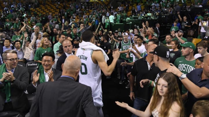BOSTON, MA - MAY 23: Jayson Tatum #0 of the Boston Celtics exits the arena after Game Five of the Eastern Conference Finals of the 2018 NBA Playoffs against the Cleveland Cavaliers on May 23, 2018 at the TD Garden in Boston, Massachusetts. NOTE TO USER: User expressly acknowledges and agrees that, by downloading and or using this photograph, User is consenting to the terms and conditions of the Getty Images License Agreement. Mandatory Copyright Notice: Copyright 2018 NBAE (Photo by Brian Babineau/NBAE via Getty Images)