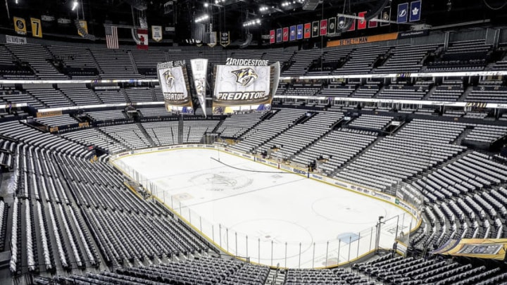 NASHVILLE, TN - JANUARY 18: Bridgestone Arena is set for White Out Night as the Nashville Predators host the Buffalo Sabres for an NHL game on January 18, 2020 in Nashville, Tennessee. (Photo by John Russell/NHLI via Getty Images)