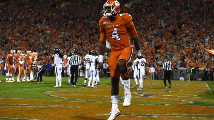 Nov 26, 2016; Clemson, SC, USA; Clemson Tigers quarterback Deshaun Watson (4) celebrates in the end zone after throwing his second touchdown of the first quarter against the South Carolina Gamecocks at Clemson Memorial Stadium. Mandatory Credit: Tommy Gilligan-USA TODAY Sports