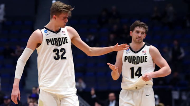 HARTFORD, CONNECTICUT - MARCH 21: Matt Haarms #32 and Ryan Cline #14 of the Purdue Boilermakers react late in the game against the Old Dominion Monarchs during the first round of the 2019 NCAA Men's Basketball Tournament at XL Center on March 21, 2019 in Hartford, Connecticut. (Photo by Maddie Meyer/Getty Images)