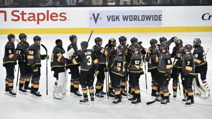 LAS VEGAS, NEVADA - OCTOBER 02: The Vegas Golden Knights celebrate after defeating the San Jose Sharks at T-Mobile Arena on October 02, 2019 in Las Vegas, Nevada. (Photo by Chris Unger/NHLI via Getty Images)