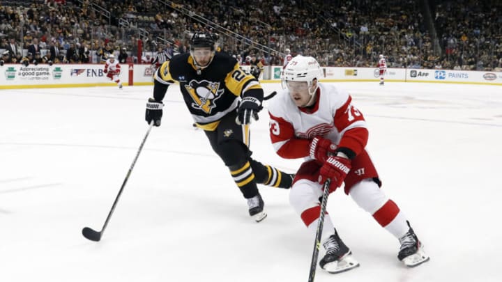 Dec 28, 2022; Pittsburgh, Pennsylvania, USA; Detroit Red Wings left wing Adam Erne (73) skates with the puck against Pittsburgh Penguins defenseman Marcus Pettersson (28) during the third period at PPG Paints Arena. Detroit won 5-4 in overtime. Mandatory Credit: Charles LeClaire-USA TODAY Sports