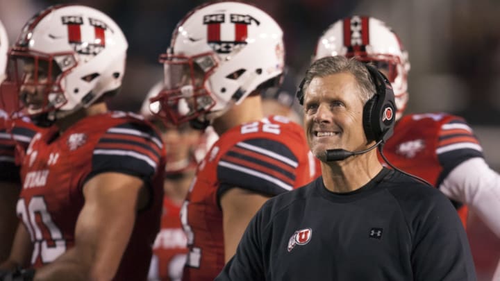 SALT LAKE CITY, UT- OCTOBER 12 : Head coach Kyle Whittingham of the Utah Utes smiles as he looks at the scoreboard during a time out against the Arizona Wildcats at Rice Eccles Stadium on October 12, 2018 in Salt Lake City , Utah. (Photo by Chris Gardner/Getty Images)