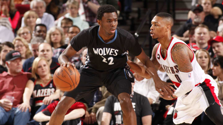 PORTLAND, OR – APRIL 8: Andrew Wiggins #22 of the Minnesota Timberwolves handles the ball against the Portland Trail Blazers on April 8, 2015 at the Moda Center Arena in Portland, Oregon. (Photo by Cameron Browne/NBAE via Getty Images)