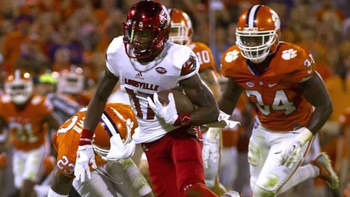 Oct 1, 2016; Clemson, SC, USA; Louisville Cardinals wide receiver James Quick (17) carries the ball during the second quarter against the Clemson Tigers at Clemson Memorial Stadium. Mandatory Credit: Joshua S. Kelly-USA TODAY Sports