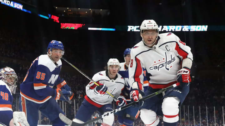 UNIONDALE, NEW YORK – JANUARY 18: Alex Ovechkin #8 of the Washington Capitals skates against the New York Islanders at NYCB Live’s Nassau Coliseum on January 18, 2020 in Uniondale, New York. The Capitals defeated the Islanders 6-4. (Photo by Bruce Bennett/Getty Images)
