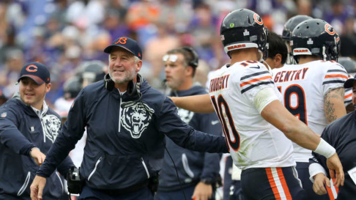 BALTIMORE, MD - OCTOBER 15: Head Coach John Fox of the Chicago Bears celebrates with quarterback Mitchell Trubisky
