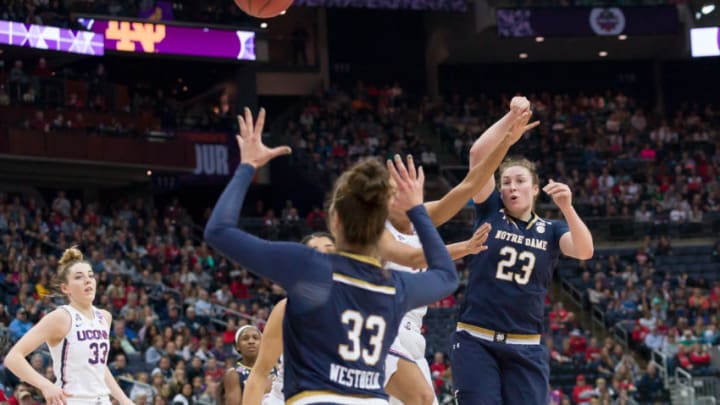 COLUMBUS, OH – MARCH 30: Notre Dame Fighting Irish forward Jessica Shepard (23) passes the ball to Notre Dame Fighting Irish forward Kathryn Westbeld (33) under the basket in the Division I Women’s Championship semifinal game between the Notre Dame Fighting Irish and the UConn Huskies on March 30, 2018 at Nationwide Arena in Columbus, OH. Notre Dame won 91-89 in overtime. (Photo by Adam Lacy/Icon Sportswire via Getty Images)