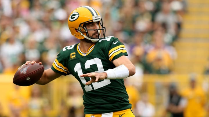 GREEN BAY, WISCONSIN – SEPTEMBER 15: Quarterback Aaron Rodgers #12 of the Green Bay Packers throws a pass against the Minnesota Vikings in the first quarter during the game at Lambeau Field on September 15, 2019 in Green Bay, Wisconsin. (Photo by Dylan Buell/Getty Images)