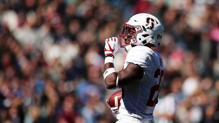 SYDNEY, AUSTRALIA - AUGUST 27: Bryce Love of Stanford celebrates scoring a touchdown during the College Football Sydney Cup match between Stanford University (Stanford Cardinal) and Rice University (Rice Owls) at Allianz Stadium on August 27, 2017 in Sydney, Australia. (Photo by Matt King/Getty Images)