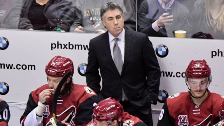 Nov 23, 2016; Glendale, AZ, USA; Arizona Coyotes head coach Dave Tippett looks on prior to the game against the Vancouver Canucks at Gila River Arena. Mandatory Credit: Matt Kartozian-USA TODAY Sports
